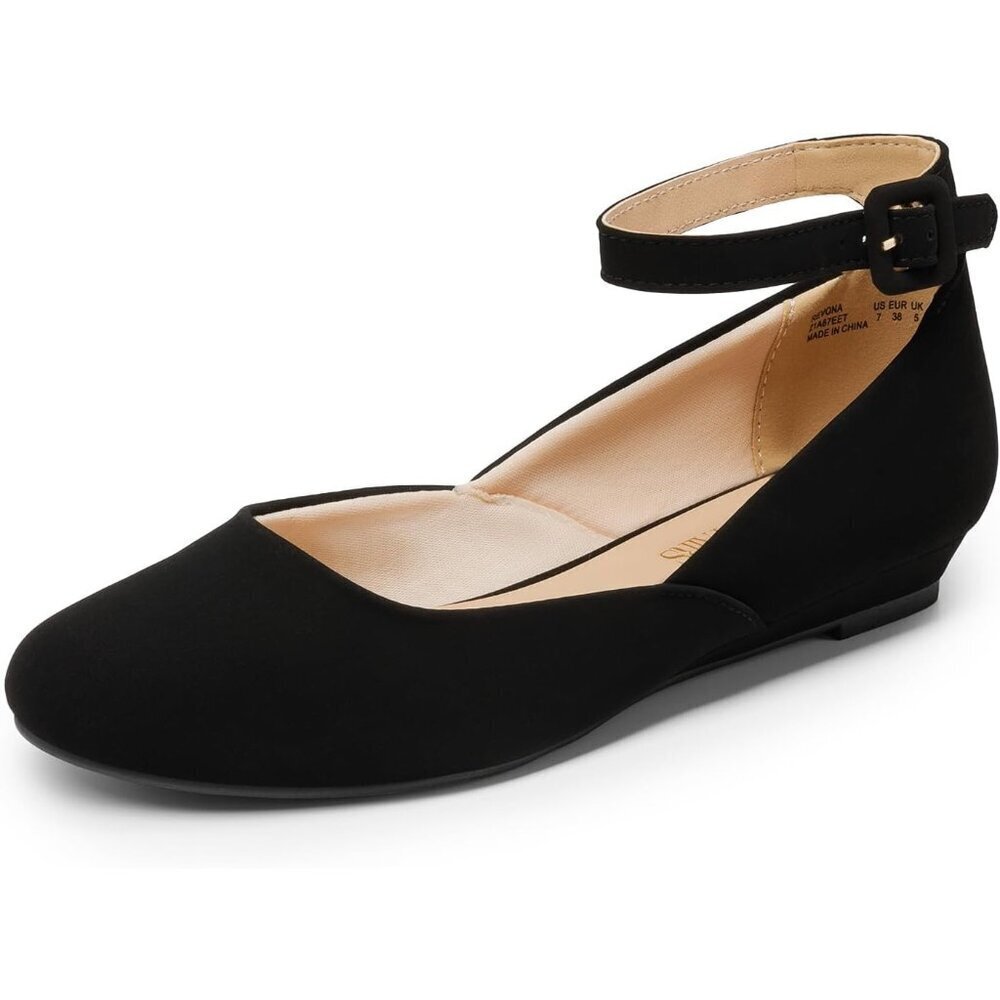 Dream Pairs Women's Black Suede Ankle Buckle Strap Low Wedge Flats Shoes